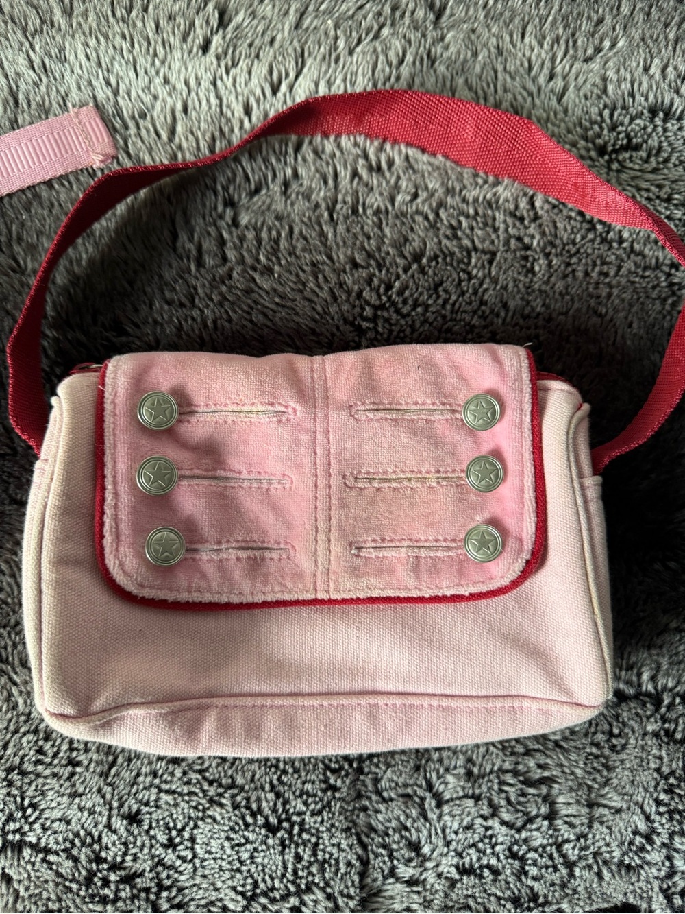 American Girl Pink Canvas Crossbody Bag with Red Strap and Silver Star Buttons
